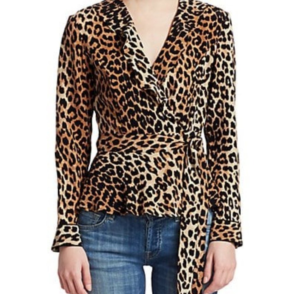 BRAND NEW GANNI FAYETTE SILK LEOPARD PRINT RUFFLE FRONT BLOUSE IN SIZE 38 (US 6)